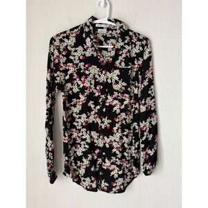 Van Heusen Studio Womens XS Floral Button Down Shirt Black Pink Long Sleeve Top